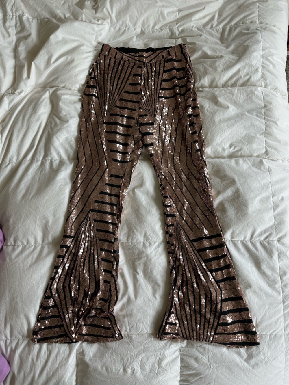 Sequin Flared Pants with Geometric Stripes - Rose Gold & Black